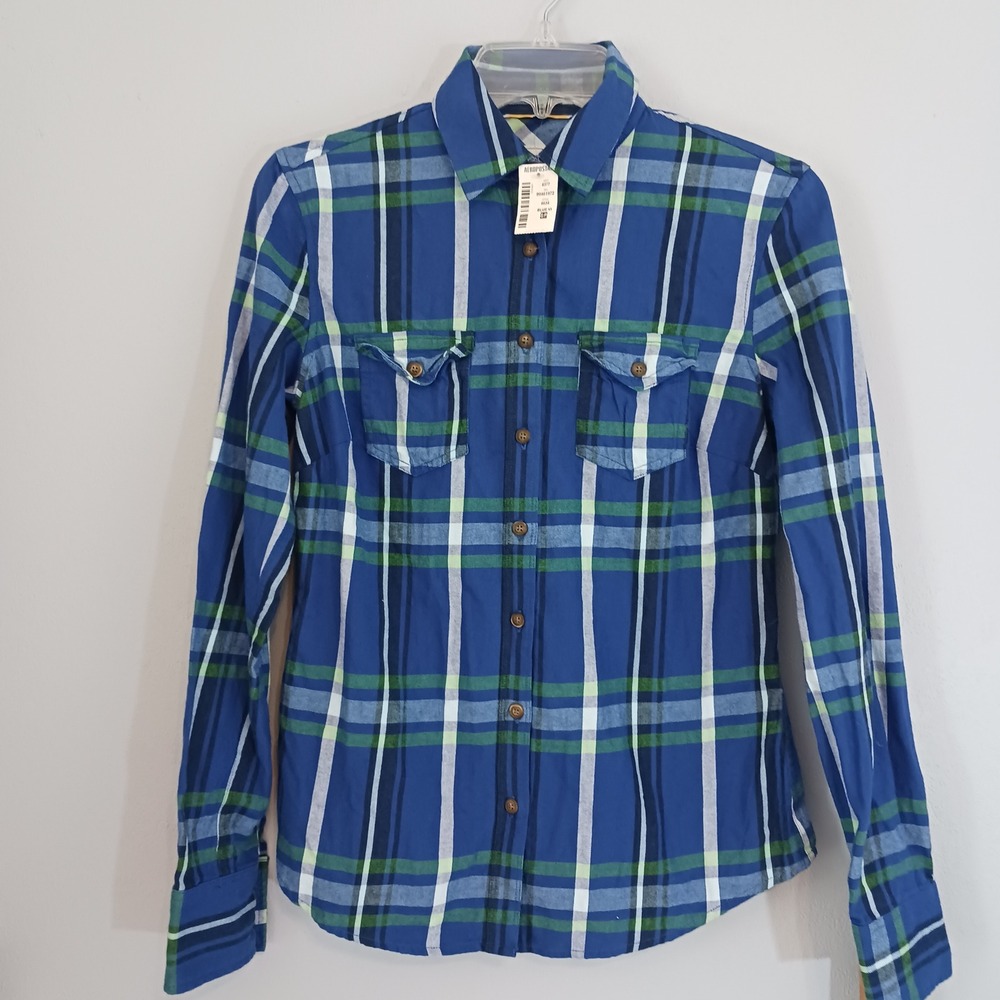 Aeropostale Plaid Button Down Shirt Womens Small Blue NWT Long Sleeve Cotton